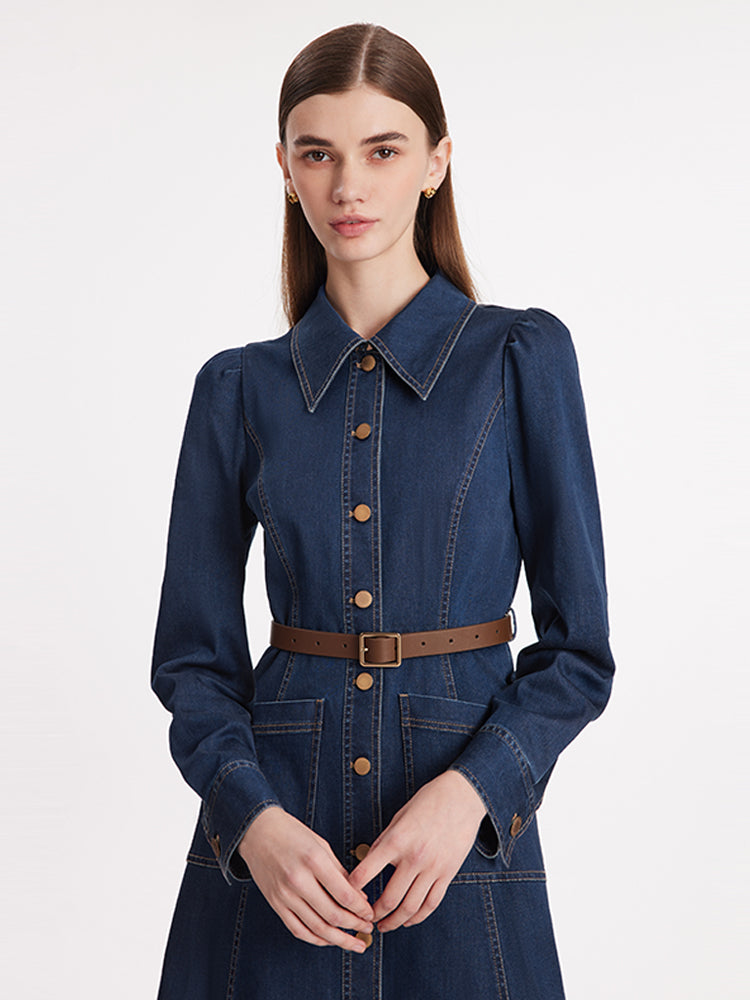 Single-Breasted Lapel Women Midi Denim Dress With Belt GOELIA