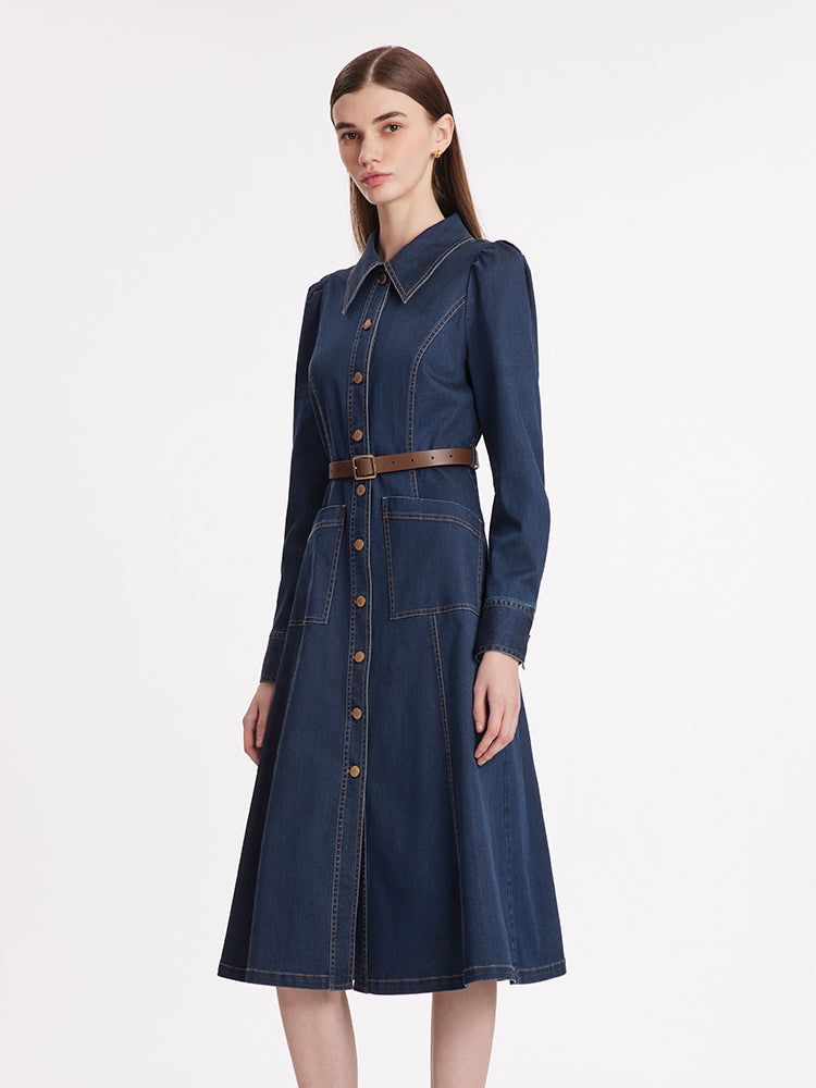 Single-Breasted Lapel Women Midi Denim Dress With Belt GOELIA