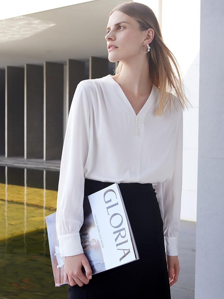 White Acetate V-Neck Women Blouse