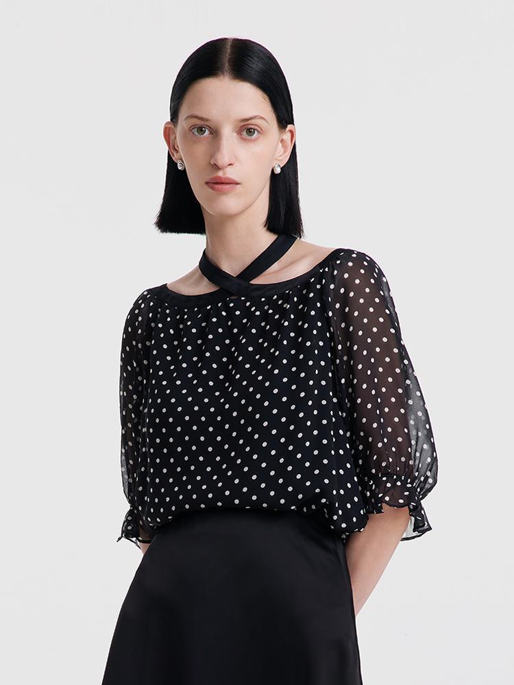 10 Momme Polka Dot Silk Neckline Top GOELIA