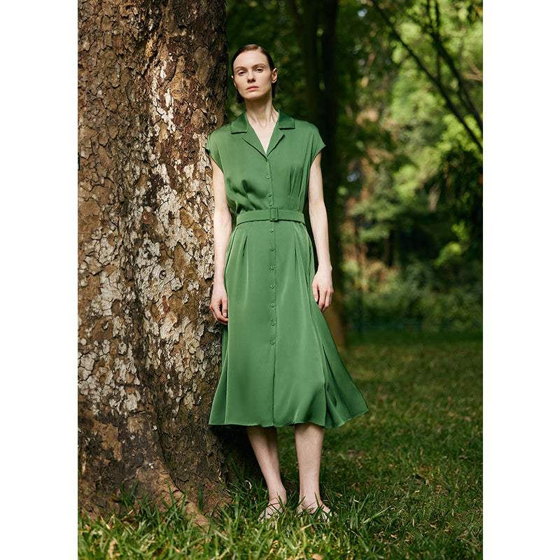 22 Momme Mulberry Silk Lapel Women Midi Dress With Belt GOELIA