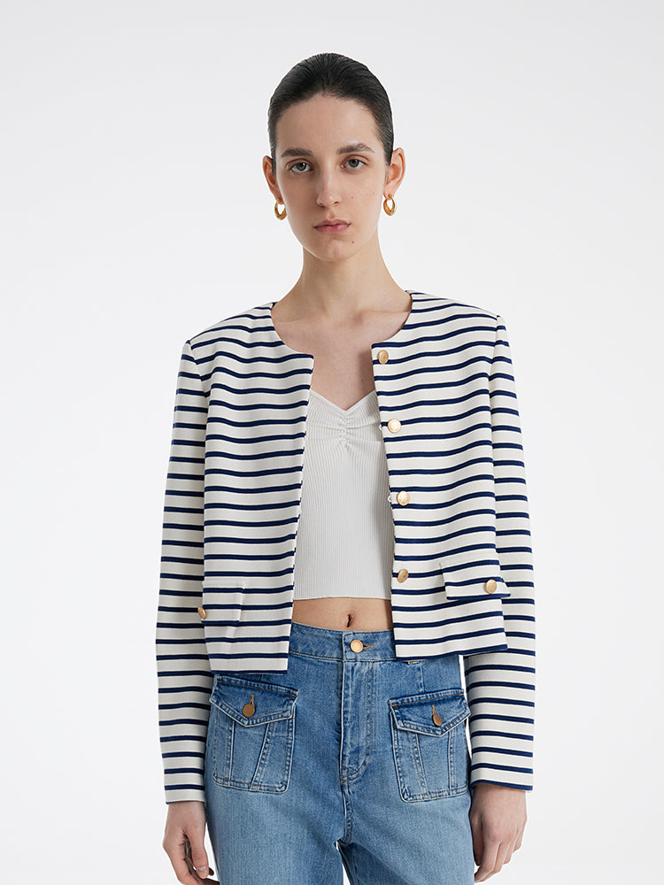 Cotton Striped Single-Breasted Women Crop Jacket GOELIA