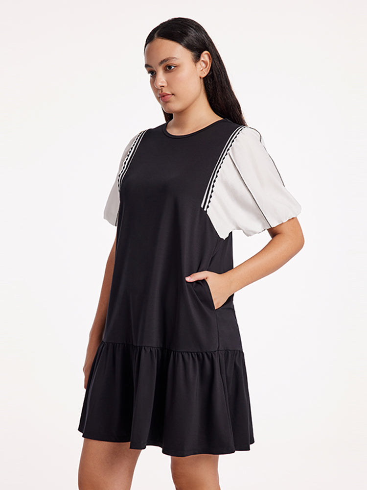 A-Shape Patchwork Puff Sleeve Dresses GOELIA