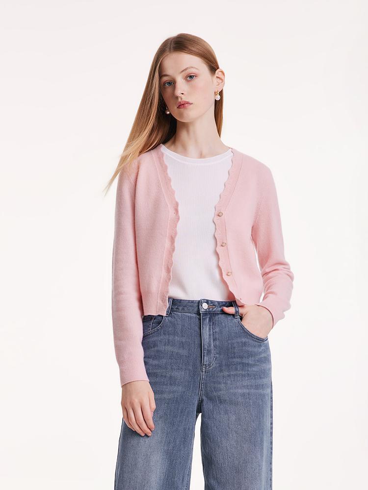 Pink Wool Knit Wavy Front Closure Lady Cardigan GOELIA