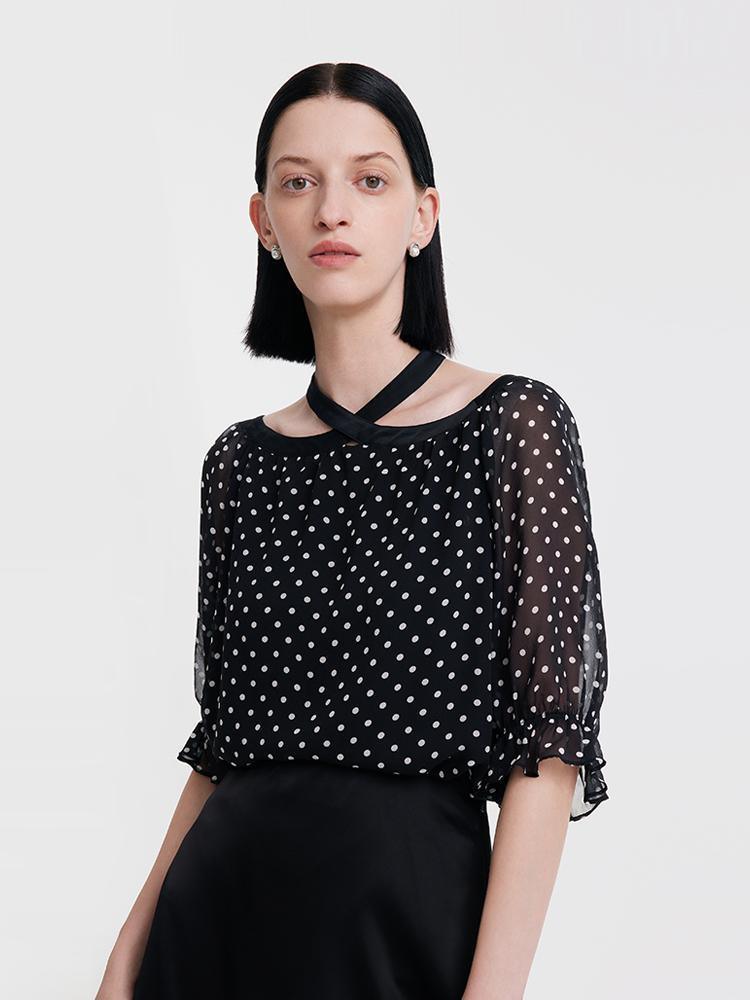 10 Momme Polka Dot Silk Neckline Top GOELIA