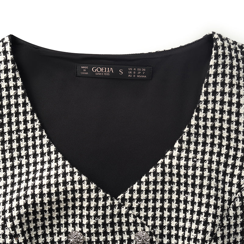 Black And White Houndstooth Vest Dress And Mock Neck Sweater Two-Piece Suit GOELIA