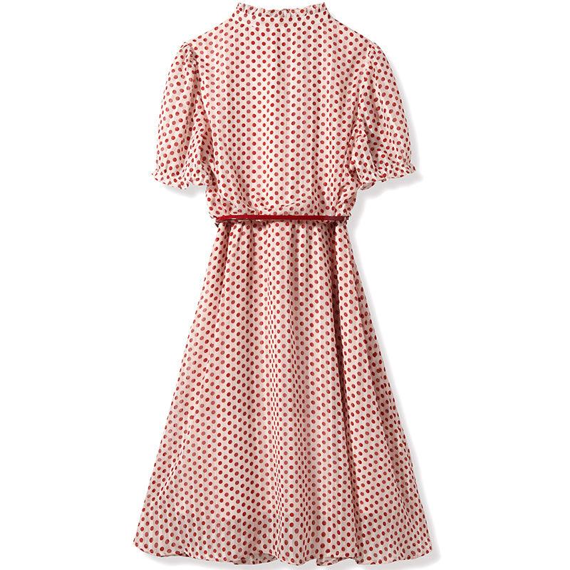 Golden Stripe Chiffon Polka Dots Dress GOELIA