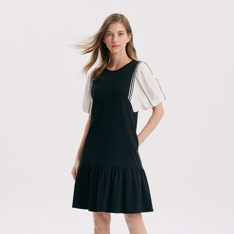 A-Shape Patchwork Puff Sleeve Dresses