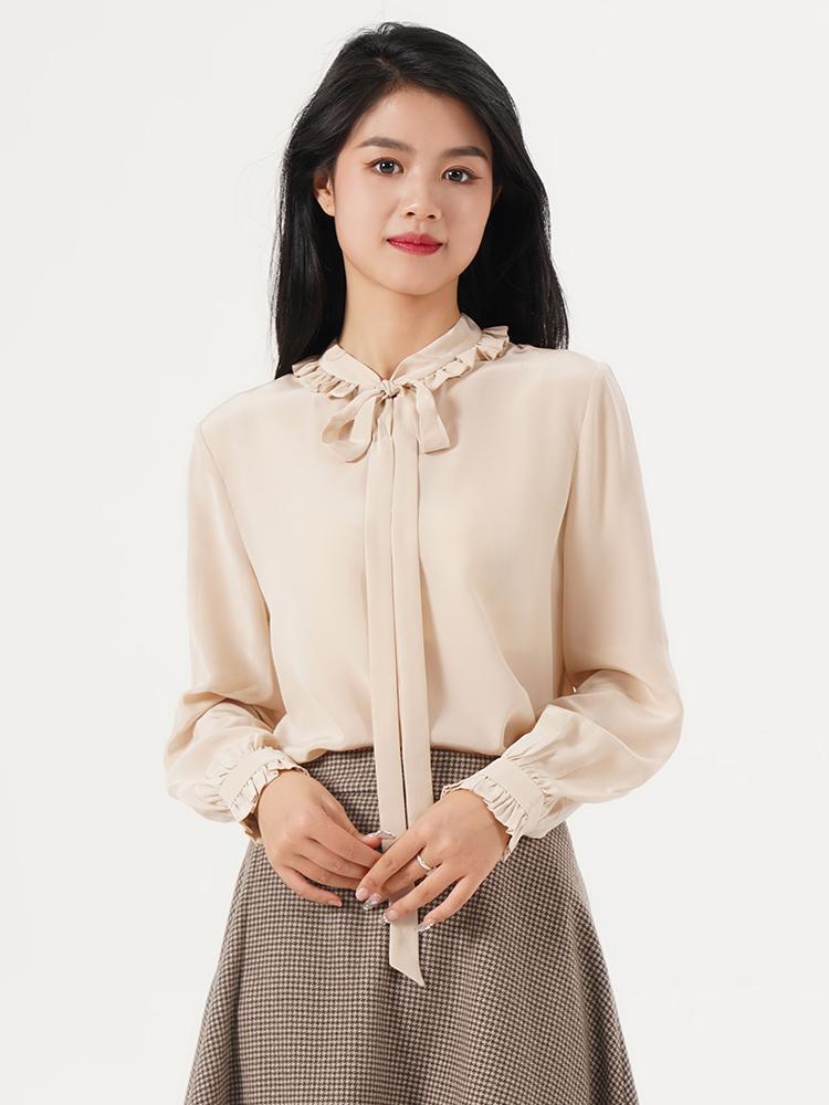 16 MM Pure Silk Lace-Up Ruffled Collar Slim Streamer Blouse GOELIA