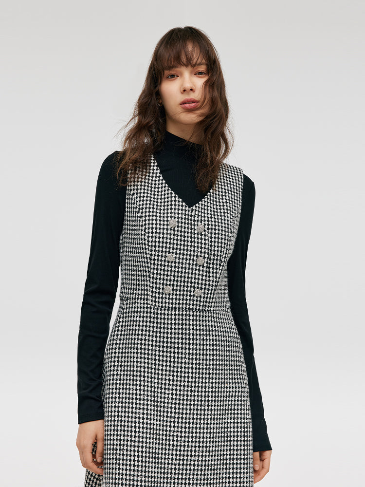 Black And White Houndstooth Vest Dress And Mock Neck Sweater Two-Piece Suit GOELIA