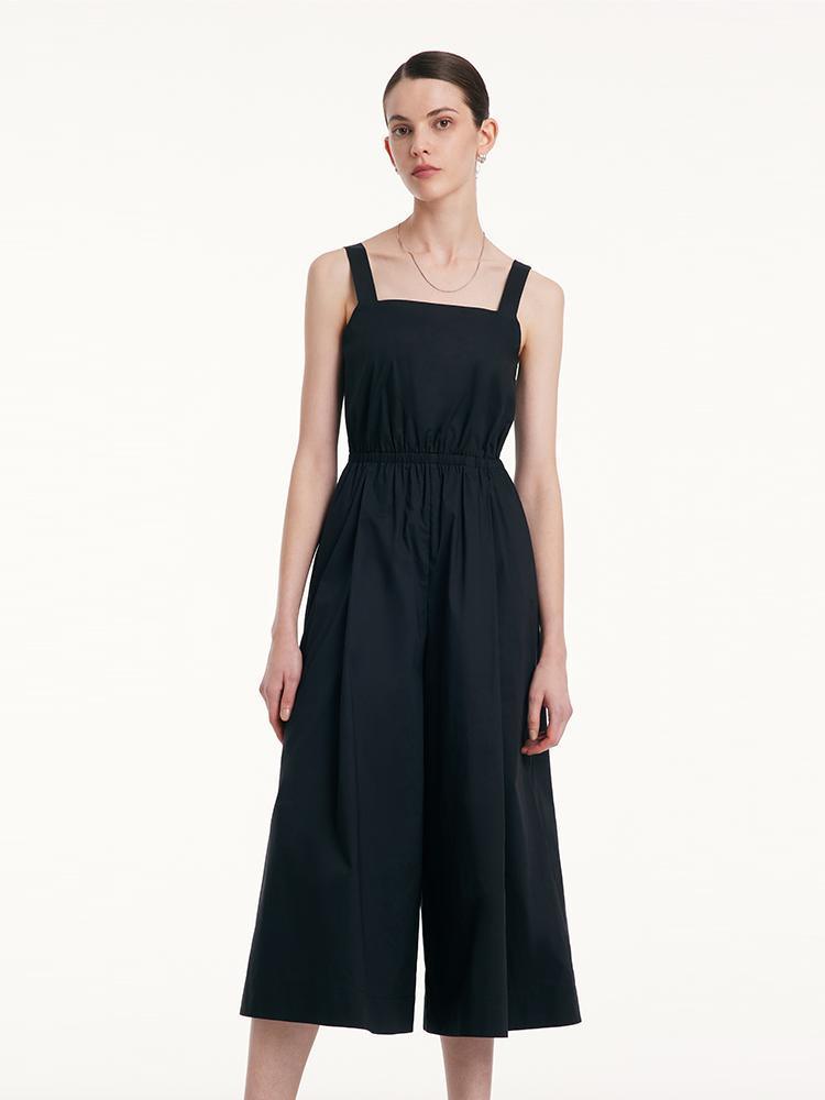 Cotton Strap Gathered Waist Jumpsuit With Detachable Bra Pads GOELIA