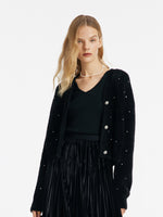 Black V-Neck Rhinestone Knitted Women Cardigan GOELIA