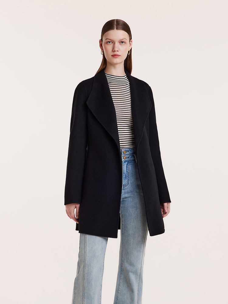 Tencel Wool Notched Lapel Mid-Length Coat With Belt GOELIA