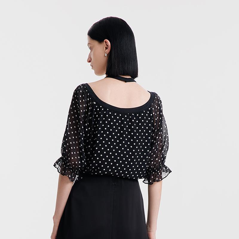 10 Momme Polka Dot Silk Neckline Top GOELIA