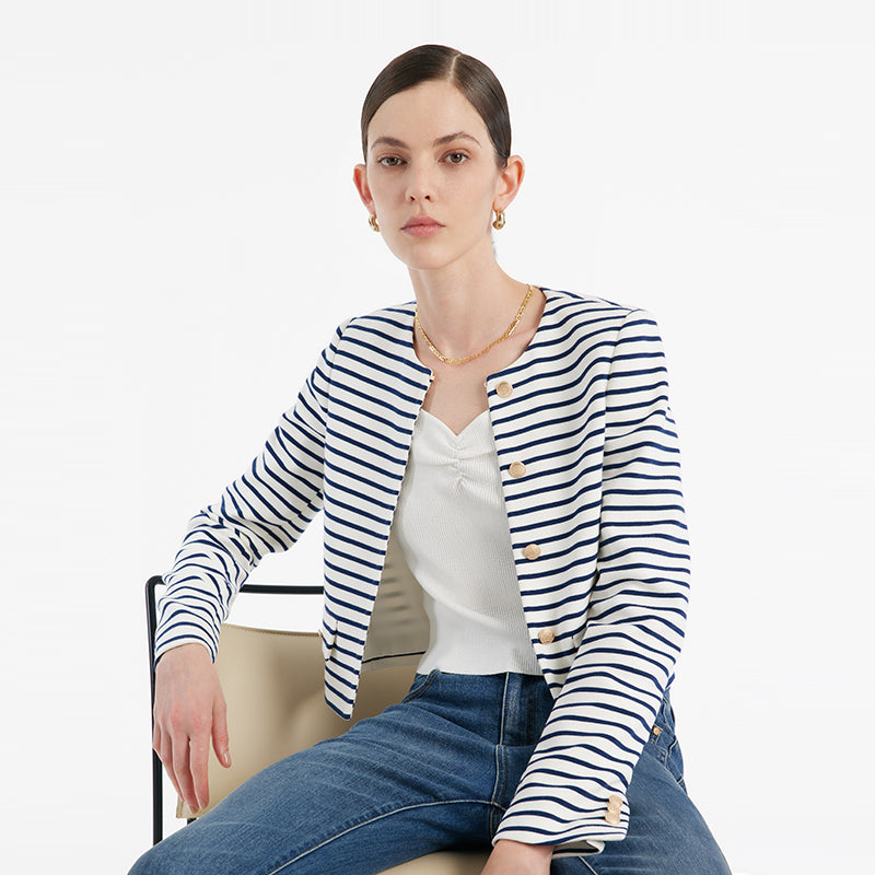 Cotton Striped Single-Breasted Women Crop Jacket GOELIA