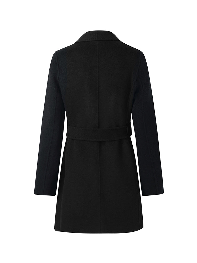 Tencel Wool Notched Lapel Mid-Length Coat With Belt GOELIA