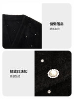 Black V-Neck Rhinestone Knitted Women Cardigan GOELIA
