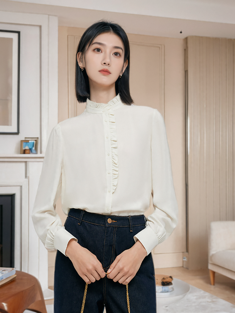 Ruffle Stand Collared Women Shirt GOELIA