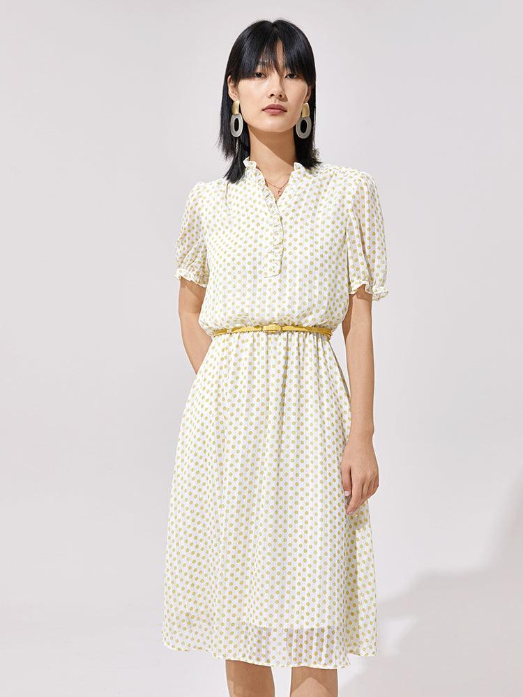 Golden Stripe Chiffon Polka Dots Dress GOELIA