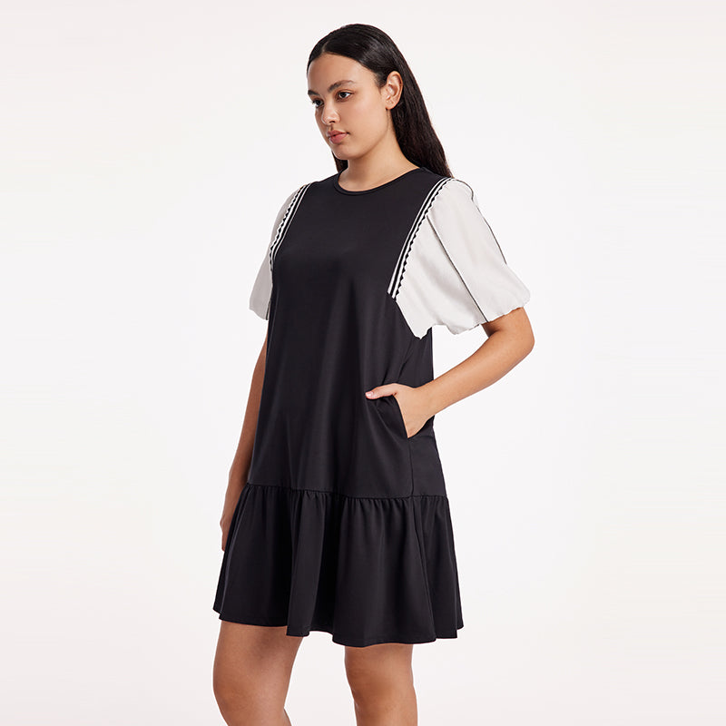 A-Shape Patchwork Puff Sleeve Dresses GOELIA