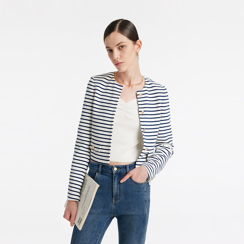 Cotton Striped Single-Breasted Women Crop Jacket GOELIA