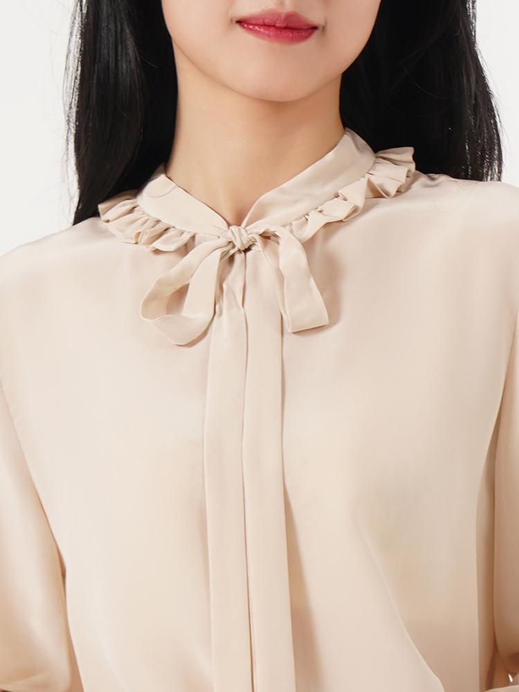 16 MM Pure Silk Lace-Up Ruffled Collar Slim Streamer Blouse GOELIA