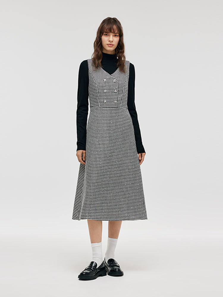 Black And White Houndstooth Vest Dress And Mock Neck Sweater Two-Piece Suit GOELIA