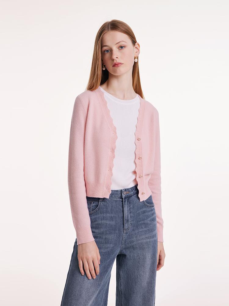 Pink Wool Knit Wavy Front Closure Lady Cardigan GOELIA