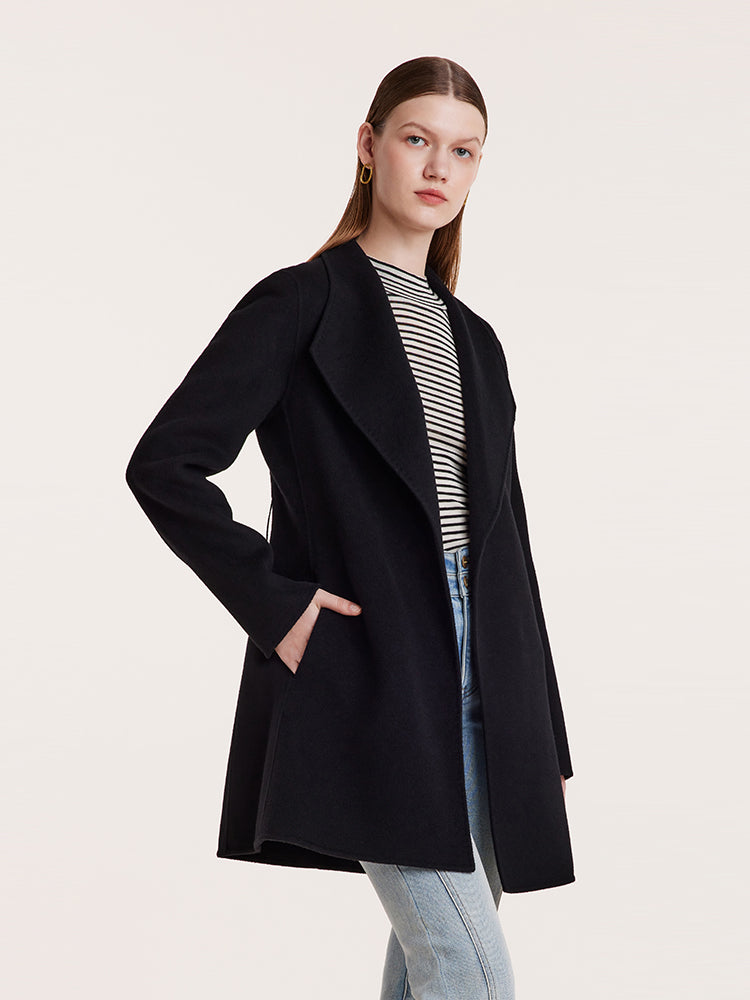 Tencel Wool Notched Lapel Mid-Length Coat With Belt GOELIA