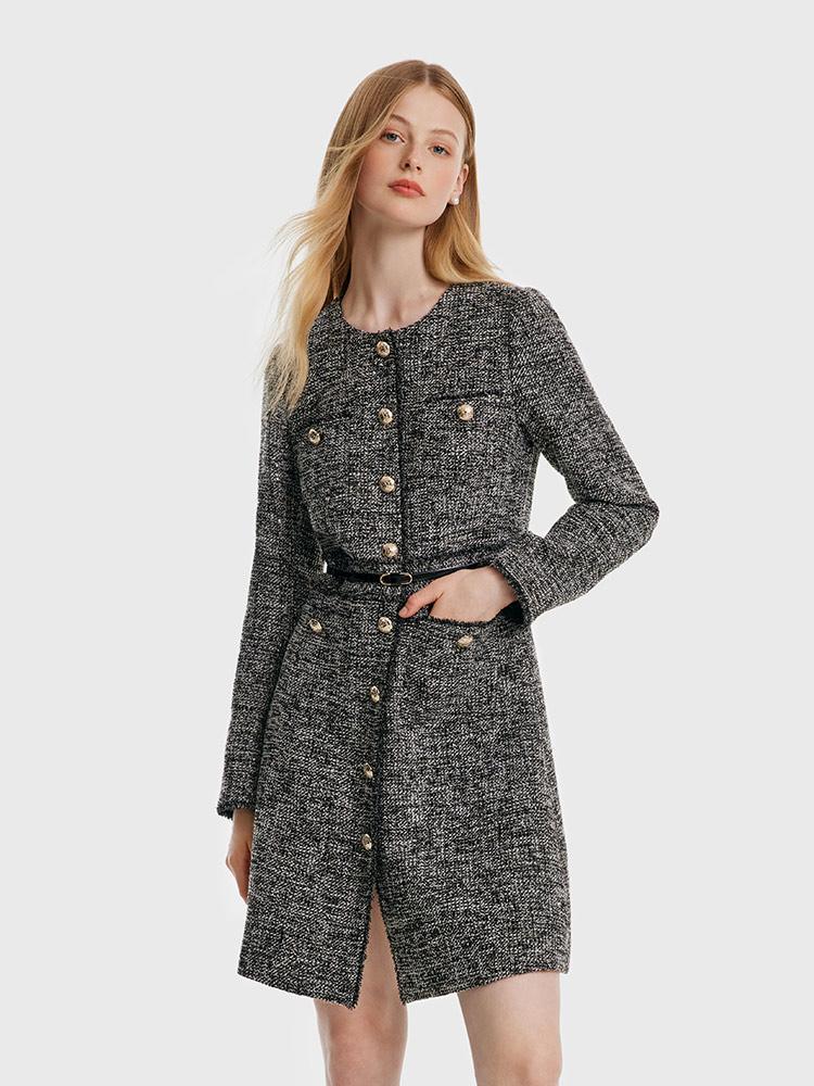 Round Neck Tweed Dress With Belt GOELIA