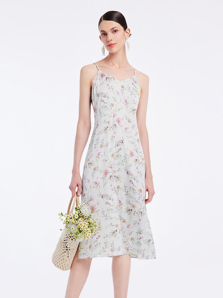 19 Momme Stretch Silk Floral Spaghetti Strap Dress