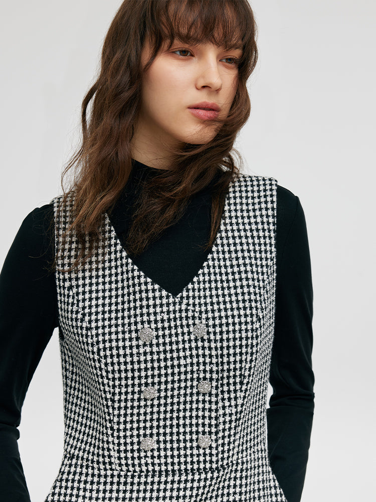 Black And White Houndstooth Vest Dress And Mock Neck Sweater Two-Piece Suit GOELIA