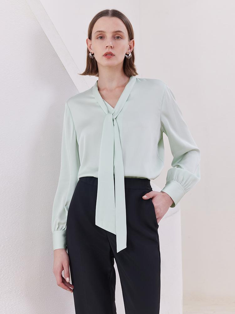 Mint Green 22 Momme Mulberry Silk Shirt With Flutter GOELIA