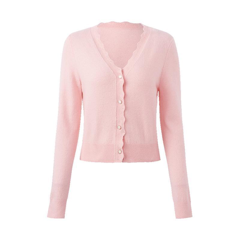 Pink Wool Knit Wavy Front Closure Lady Cardigan GOELIA