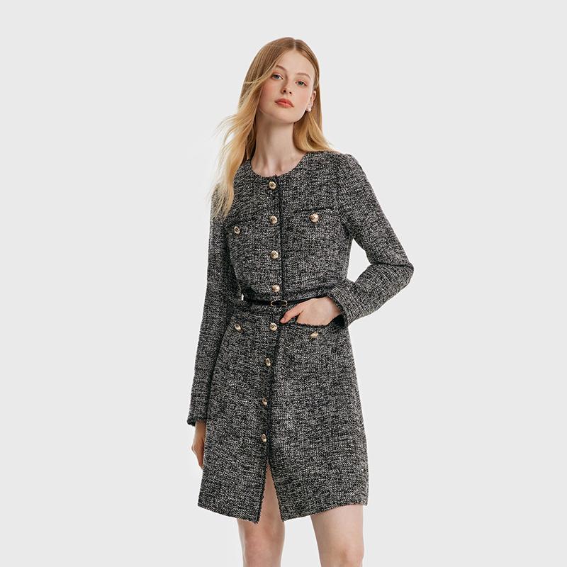 Round Neck Tweed Dress With Belt GOELIA