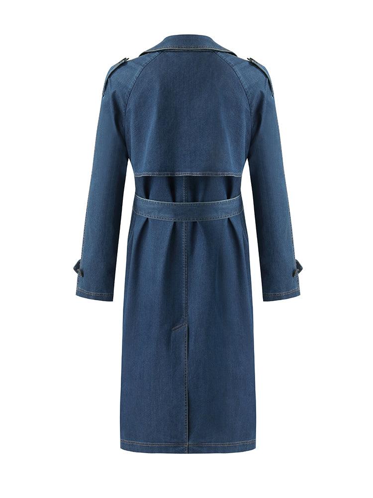 Denim Lapel Women Trench Coat With Belt GOELIA