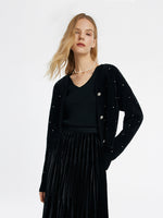 Black V-Neck Rhinestone Knitted Women Cardigan GOELIA