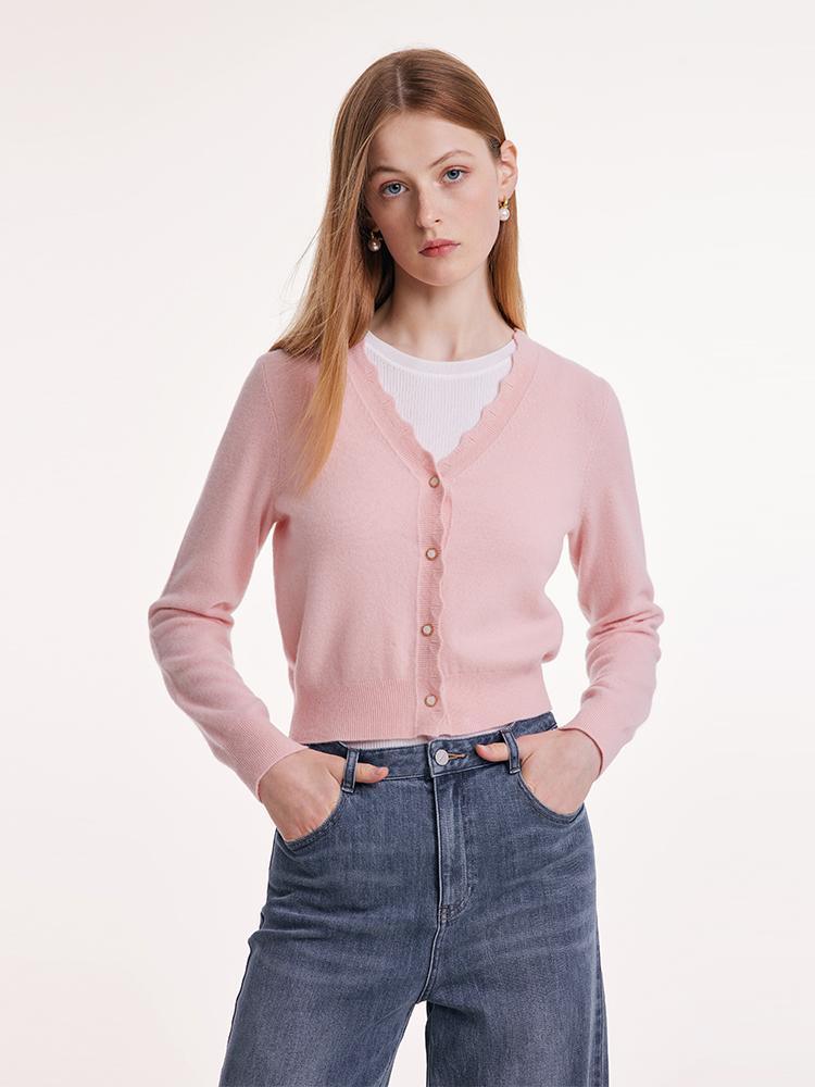 Pink Wool Knit Wavy Front Closure Lady Cardigan GOELIA