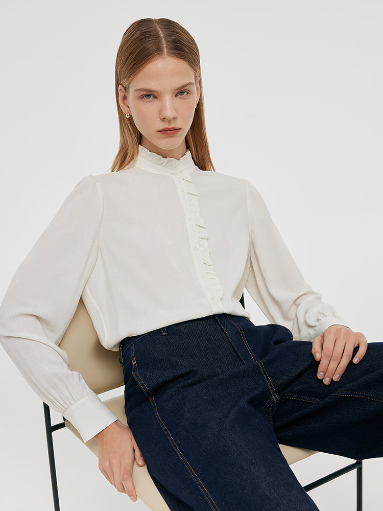 Ruffle Stand Collared Women Shirt GOELIA