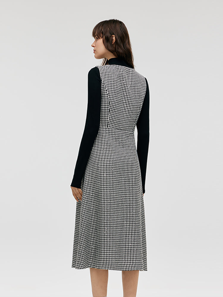 Black And White Houndstooth Vest Dress And Mock Neck Sweater Two-Piece Suit GOELIA