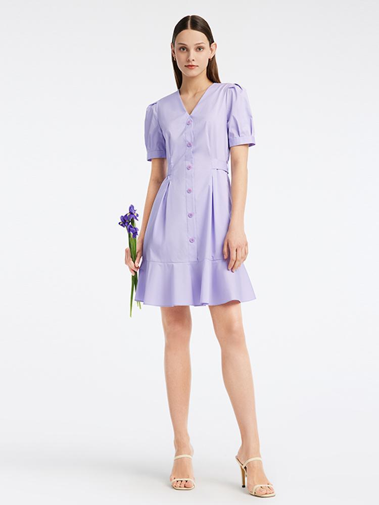 Purple Puff Sleeve Waist-Skimming Dress GOELIA