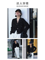 Black V-Neck Rhinestone Knitted Women Cardigan GOELIA
