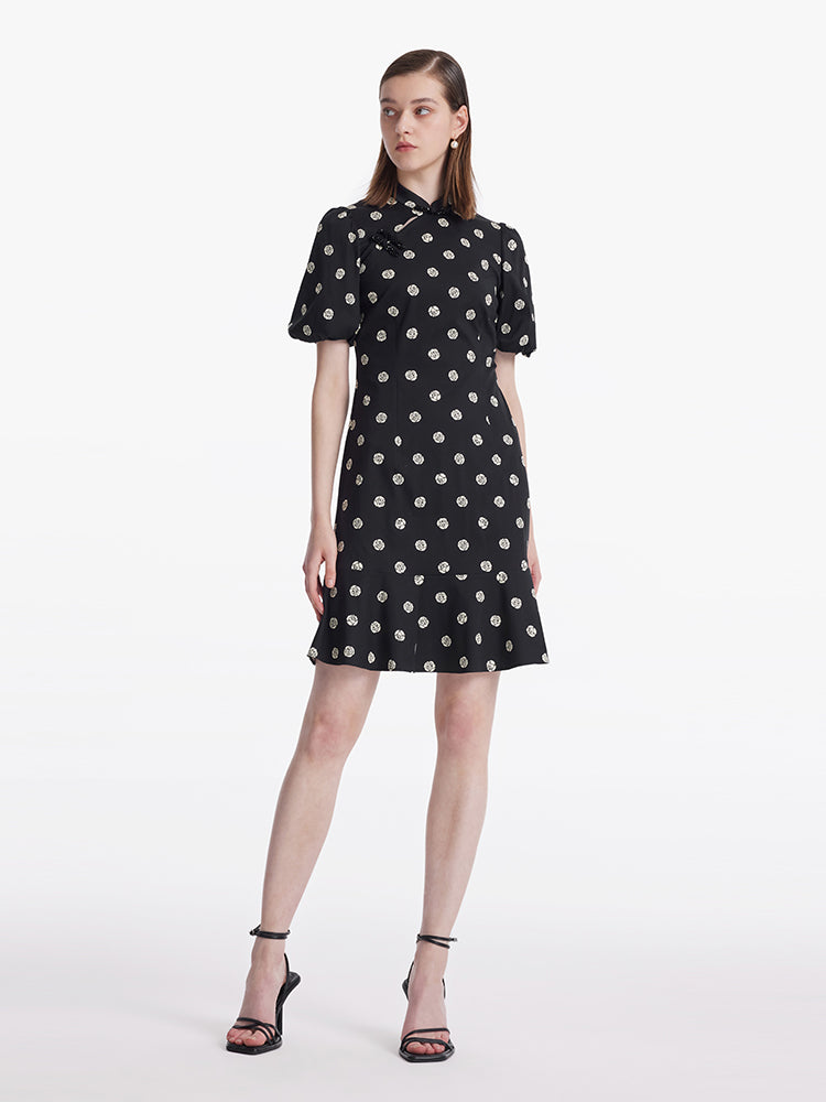 Rose Print Wrapped Ruffle Women Mini Dress