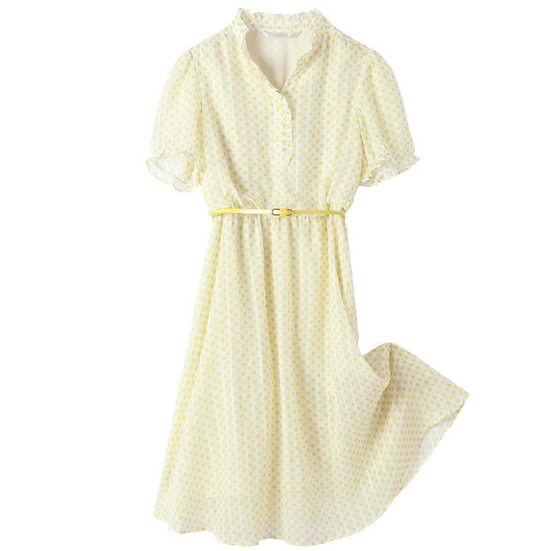 Golden Stripe Chiffon Polka Dots Dress GOELIA