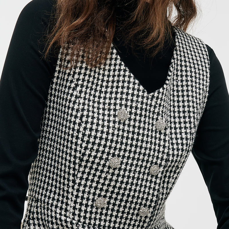 Black And White Houndstooth Vest Dress And Mock Neck Sweater Two-Piece Suit GOELIA