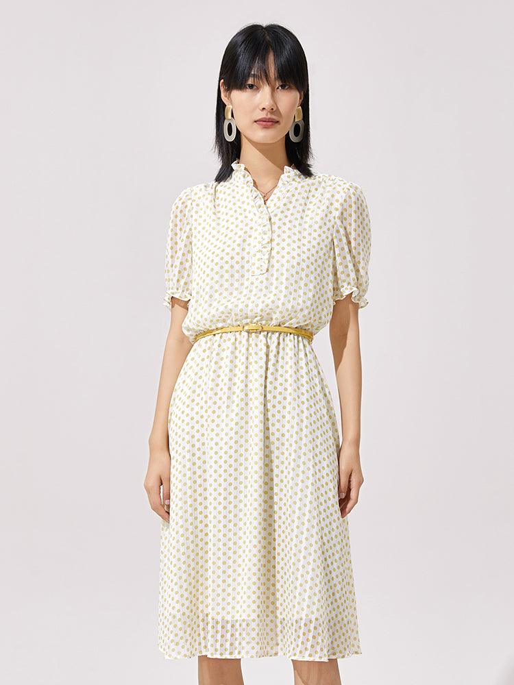 Golden Stripe Chiffon Polka Dots Dress GOELIA