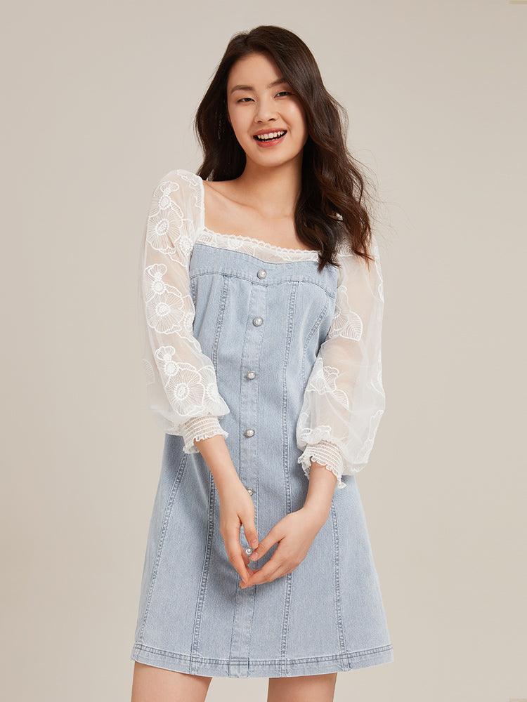 Square Neck Puff Sleeve Denim Patchwork Dress GOELIA