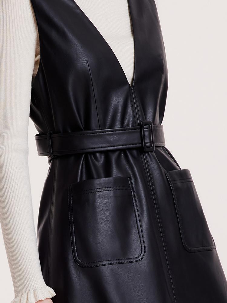 V-neck Vest Midi Work Dresses With Belt GOELIA