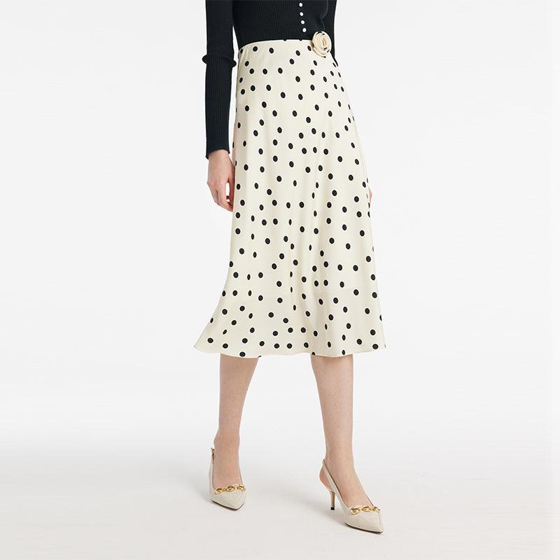 22 Momme Silk Polka Dots Printed Women Half Skirt With 3D Rose Clip And Knotted Headband And GOELIA