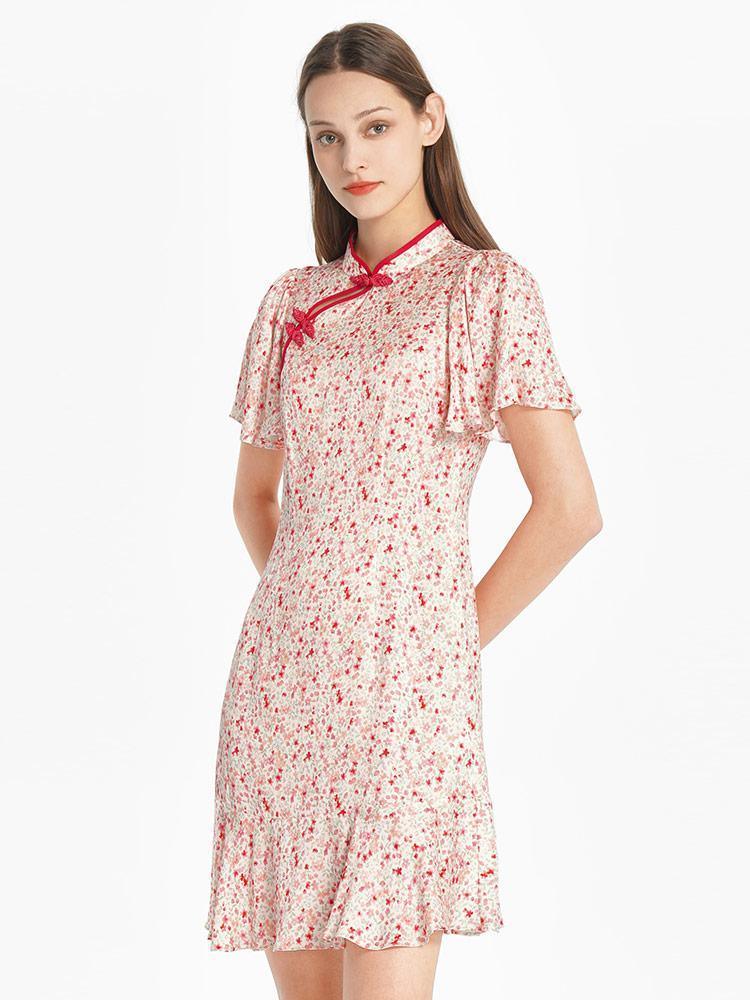 Floral Ruffle Sleeve Cheongsam Dress GOELIA